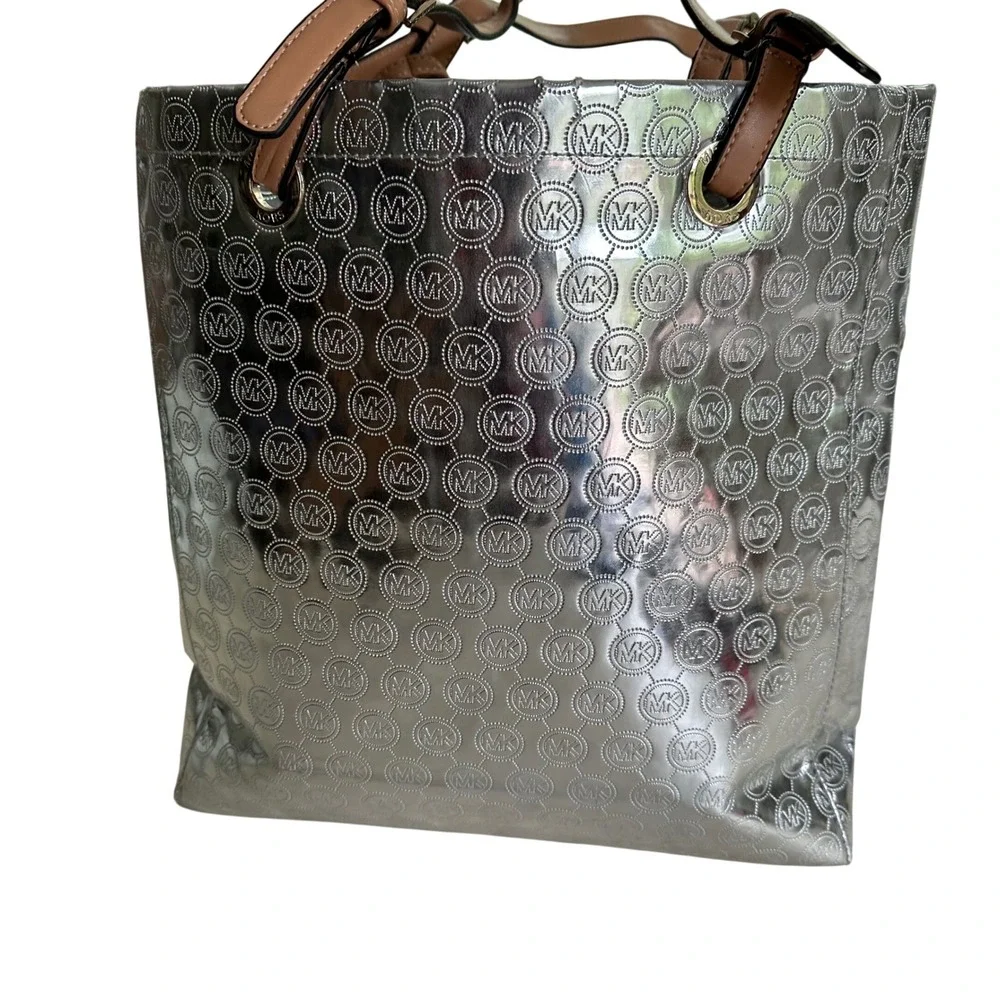 Michael Kors Metallic Silver Embossed Logo Statement Tote Bag Tan Leather Straps